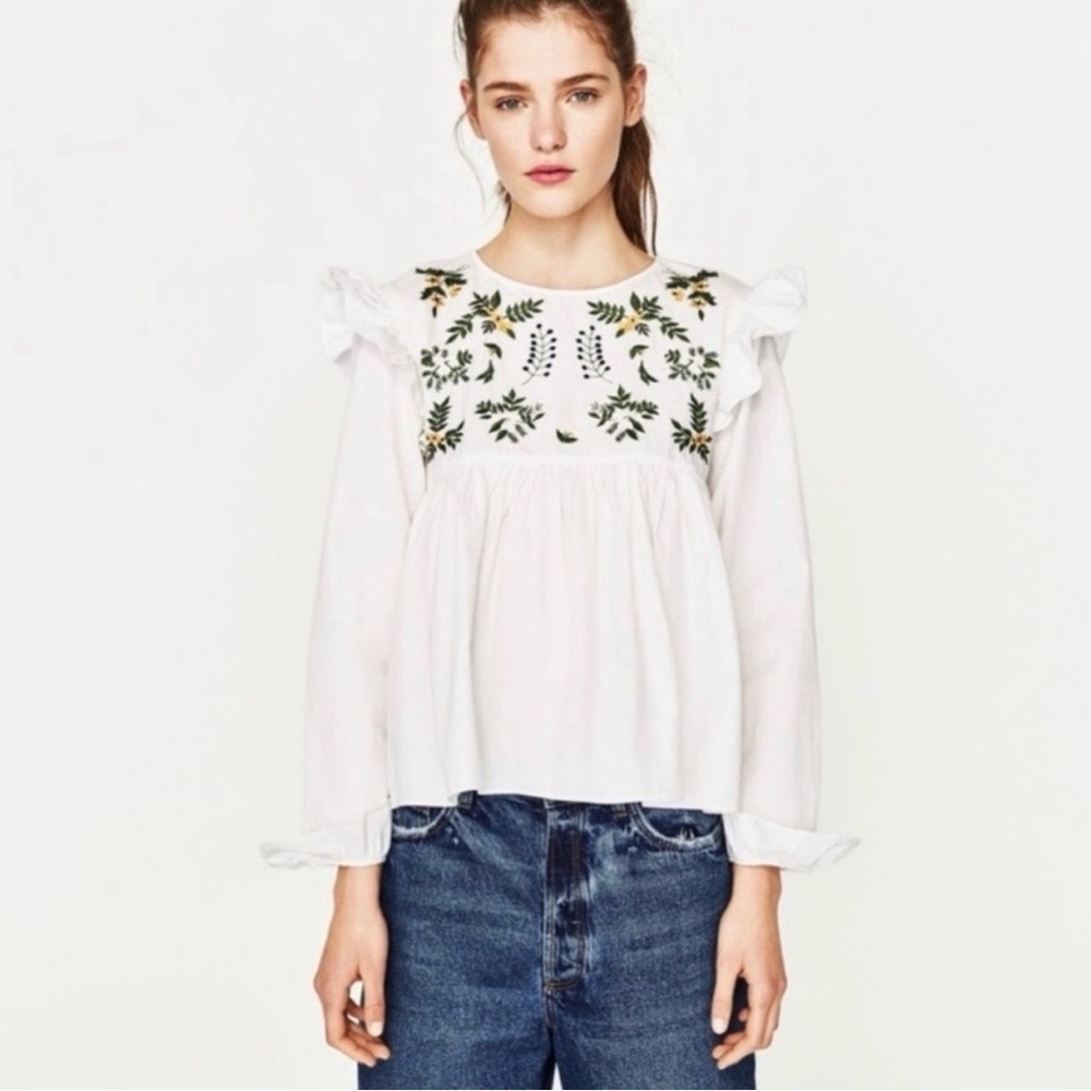 Zara Cottagecore Embroidered Babydoll Blouse White Prairie Top Boho Small